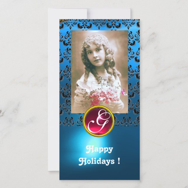 Cartes Pour Fêtes Annuelles NOIR ET BLEU DAMASK Rouleau rouge Monogramme (Devant)