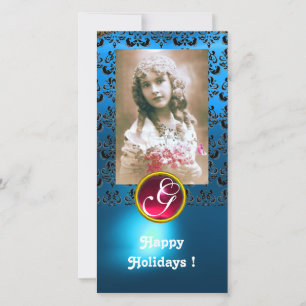 Cartes Pour Fêtes Annuelles NOIR ET BLEU DAMASK Rouleau rouge Monogramme