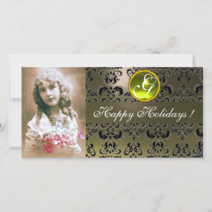 Cartes Pour Fêtes Annuelles NOIR ET GRIS DAMASK Yellow Topaz Monogramme