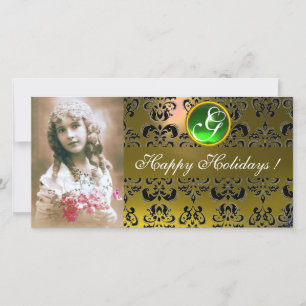 Cartes Pour Fêtes Annuelles NOIR ET JAUNE DAMASK Vert Émeraude Monogramme