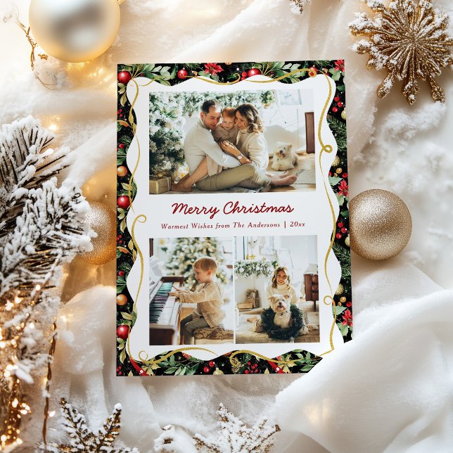 Cartes Pour Fêtes Annuelles Noir et or Moderne Botanique Noël 3 Photo (Créateur téléchargé)
