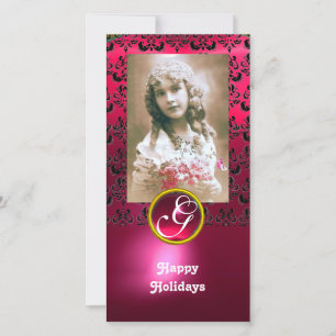 Cartes Pour Fêtes Annuelles NOIR ET ROSE DAMASK Roubis rouge Monogramme