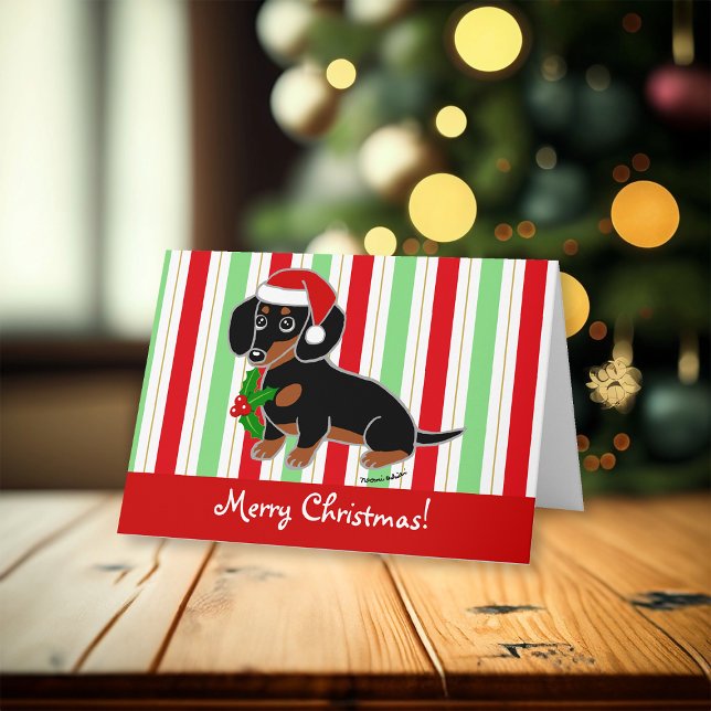 Cartes Pour Fêtes Annuelles Noir et Tan Dachshund Père Noël Noël (Black and Tan Smooth Haired Dachshund Santa Christmas Cards for Dachshund Owners.  Cartoon Design.)