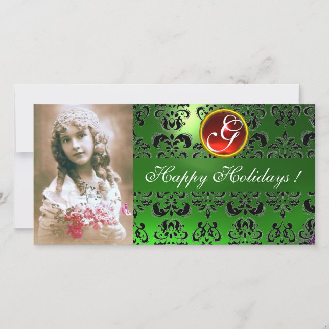 Cartes Pour Fêtes Annuelles NOIR ET VERT DAMASK Rouleau rouge Monogramme (Devant)