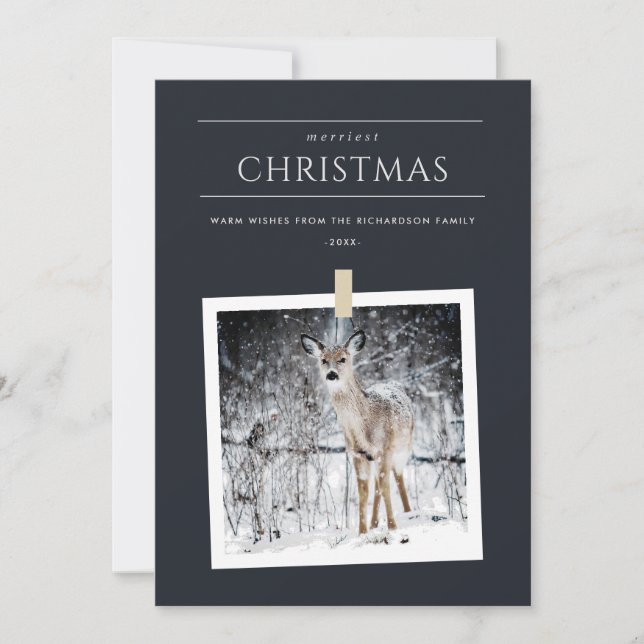 CARTES POUR FÊTES ANNUELLES NOIR HIVER PHOTO SNOW DEER MERRIEST NOËL (Devant)