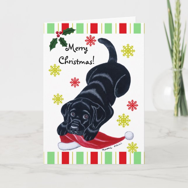 Cartes Pour Fêtes Annuelles Noir Labrador Chiot et Santa Hat Noël (Devant)