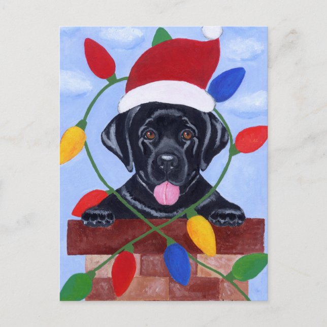 Cartes Pour Fêtes Annuelles Noir Labrador Chiot Noël (Devant)