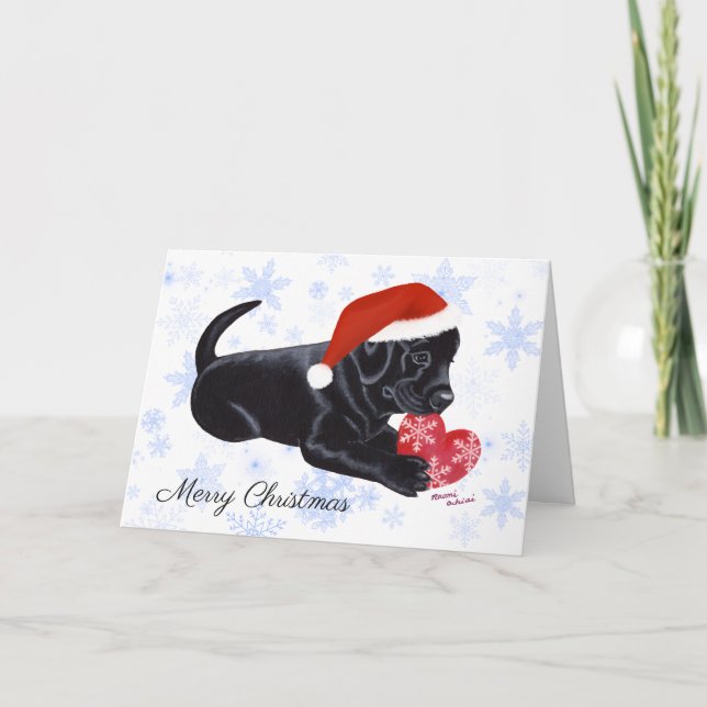 Cartes Pour Fêtes Annuelles Noir Labrador Chiot Noël Feu de neige (Devant)
