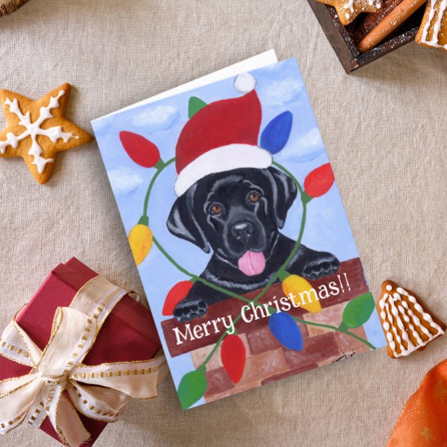 Cartes Pour Fêtes Annuelles Noir Labrador Chiot Père Noël Noël (Black Labrador Puppy Santa Christmas Cards for Black Labrador Retriever Owners.  Cute puppy design.)