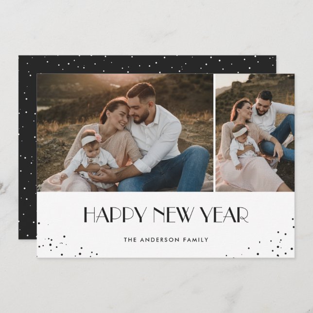 Cartes Pour Fêtes Annuelles Noir moderne Joyeux Nouvel An Neige 2 Photo (Devant / Derrière)