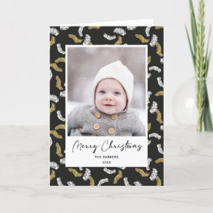 Cartes Pour Fêtes Annuelles Noir moderne Pine d'or Mistletoe Noël