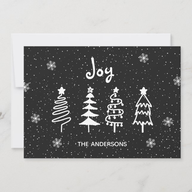 Cartes Pour Fêtes Annuelles Noir Moderne Pins Mini Arbres Neige Joie Noël (Devant)