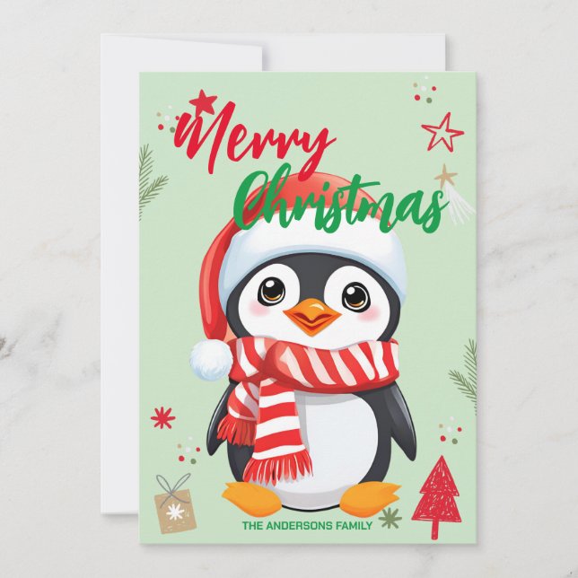 Cartes Pour Fêtes Annuelles Nom de famille de Noël de pingouin mignon papa Noë (Devant)