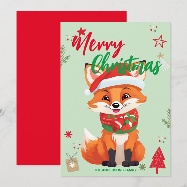Cartes Pour Fêtes Annuelles Nom de famille de Noël vacances santa renard rouge (Devant / Derrière)