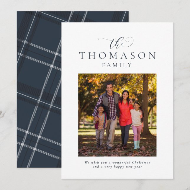 Cartes Pour Fêtes Annuelles Nom de famille élégant bleu marine une photo Noël (Devant / Derrière)