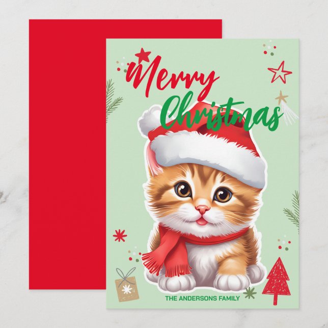 Cartes Pour Fêtes Annuelles Nom de famille mignon chat minou père noël Noël va (Devant / Derrière)