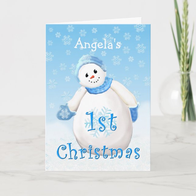Cartes Pour Fêtes Annuelles Nom personnalisé 1er Noël Snowman Salutation (Devant)