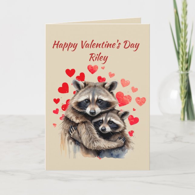 Cartes Pour Fêtes Annuelles Nom personnalisé Love Cute Raccoon Coeurs animaux (Devant)