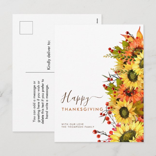 Cartes Pour Fêtes Annuelles Noms des Bons thanksgivings des tournesols d'autom (Devant / Derrière)