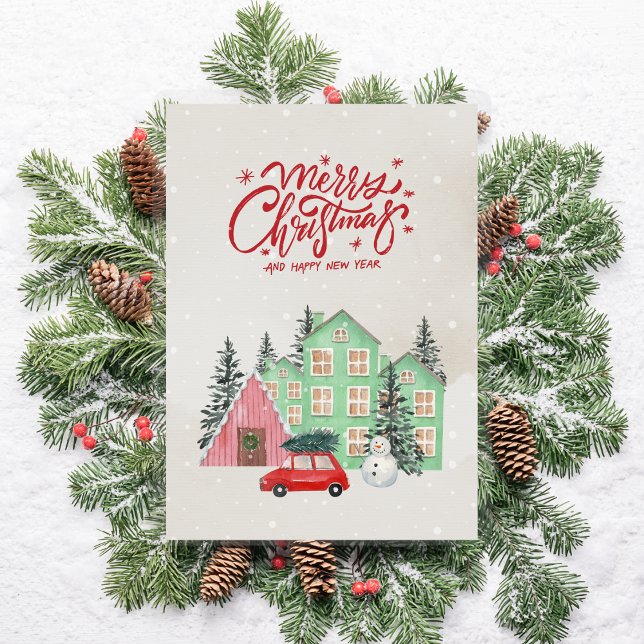 Cartes Pour Fêtes Annuelles Nordic Snowy House et Red Car Noël (Créateur téléchargé)