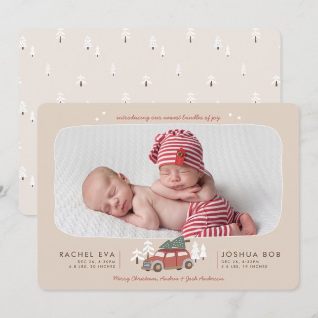 Cartes Pour Fêtes Annuelles Nordic Winter New Twins First Christmas Holiday (Devant / Derrière)