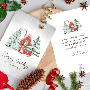 Cartes Pour Fêtes Annuelles Nordique Pine Forêt Aquarelle Rouge Grange Noël