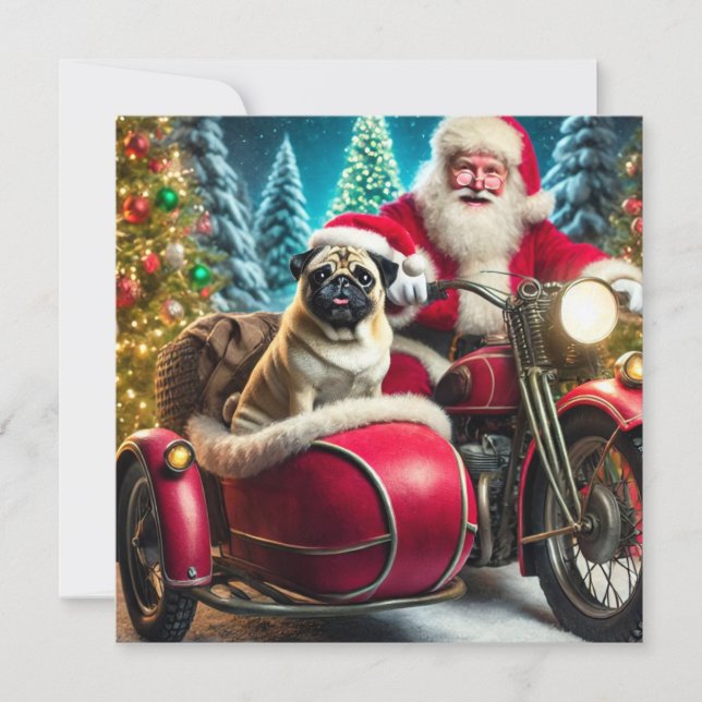 Cartes Pour Fêtes Annuelles Norman T Pug avec le Père Noël et side-car (Devant)