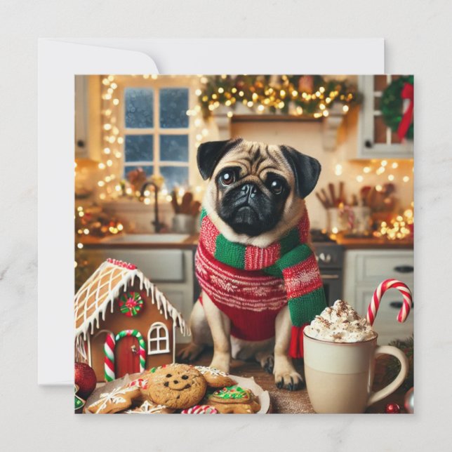 Cartes Pour Fêtes Annuelles Norman T Pug avec une tasse chaude (Devant)
