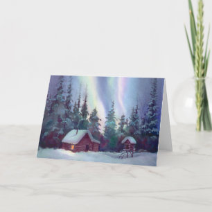 Cartes Pour Fêtes Annuelles NORTHERN LIGHTS & LOG CABINE par SHARON SHARPE