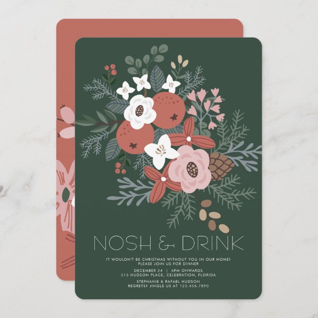 Cartes Pour Fêtes Annuelles Nosh & Drink Noël Foliing Dîner (Devant / Derrière)
