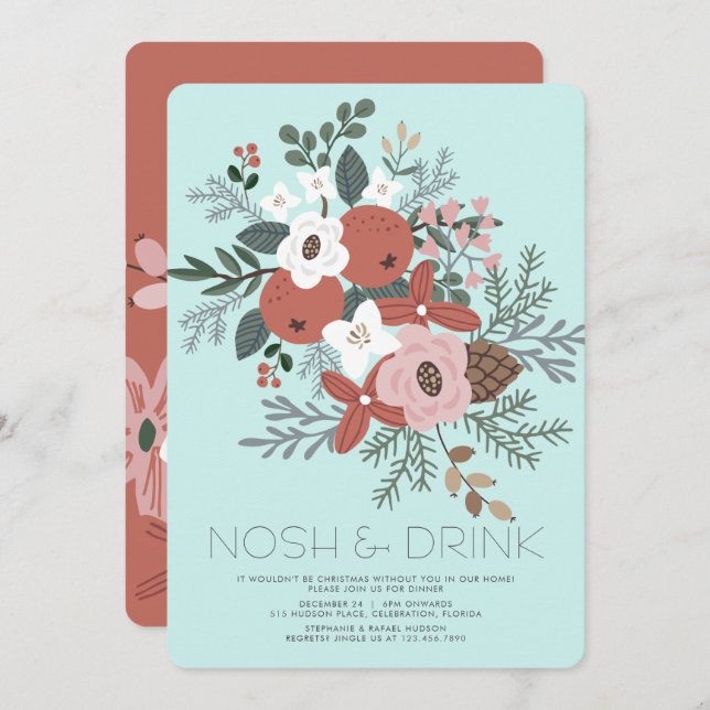 Cartes Pour Fêtes Annuelles Nosh & Drink Noël Foliing Dîner (Devant / Derrière)