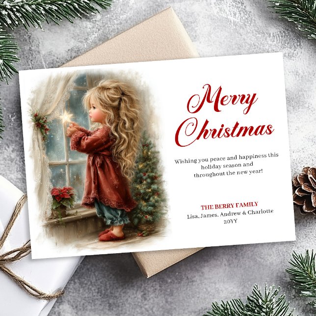 Cartes Pour Fêtes Annuelles Nostalgic little girl awaiting Santa download Xmas (Nostalgic little girl awaiting Santa download Xmas Holiday Card)