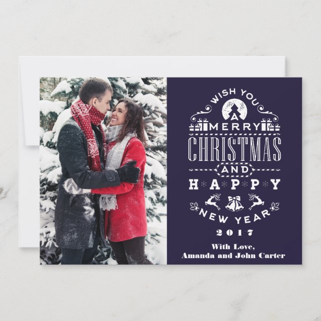 Cartes Pour Fêtes Annuelles Nostalgique bleu Noël Salutations Vertical Photo (Devant)