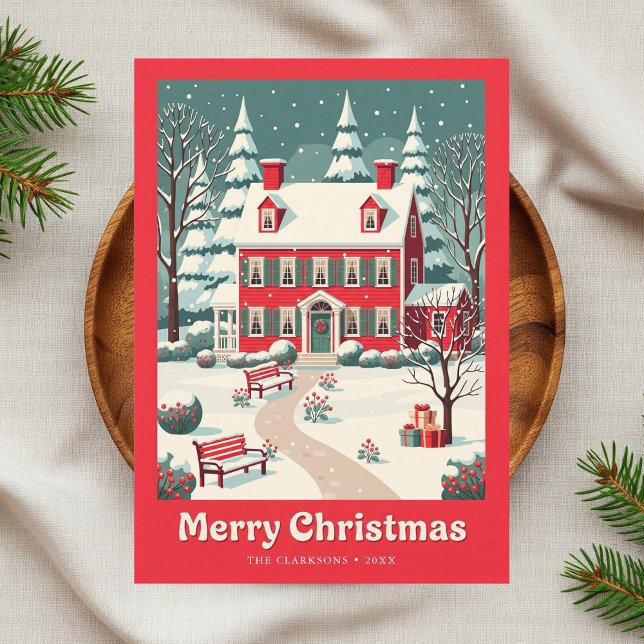 Cartes Pour Fêtes Annuelles Nostalgique Joyeux Noël Red House Retro (Créateur téléchargé)