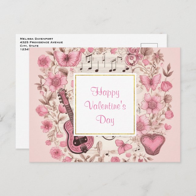 Cartes Pour Fêtes Annuelles Notes musicales et fleurs Retro Saint Valentin (Devant / Derrière)