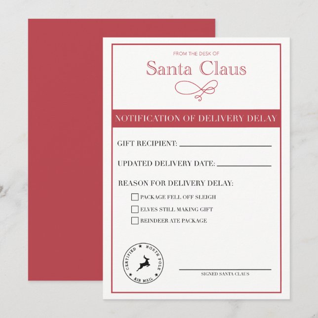 Cartes Pour Fêtes Annuelles Notification de Père Noël de retard de livraison V (Devant / Derrière)
