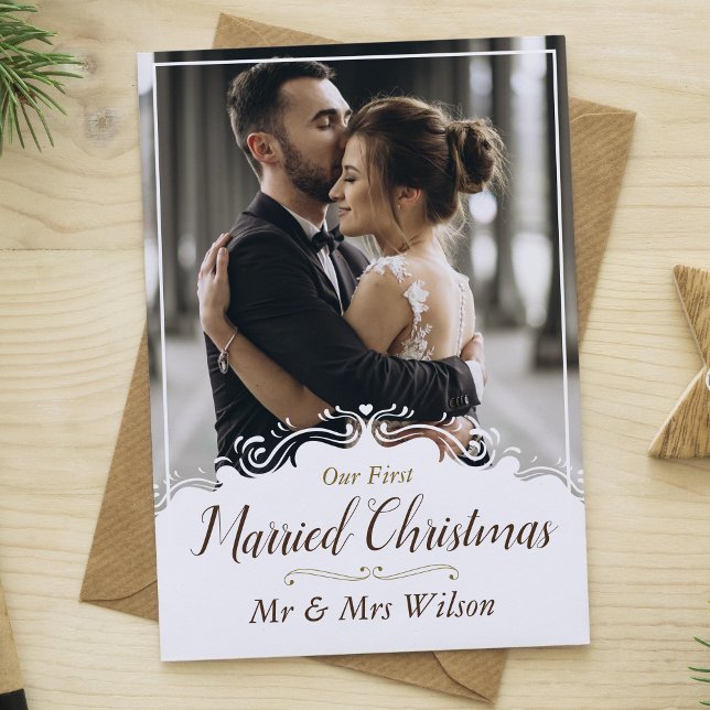 Cartes Pour Fêtes Annuelles Notre 1er Noël de mariage élégant avec une photo (Créateur téléchargé)