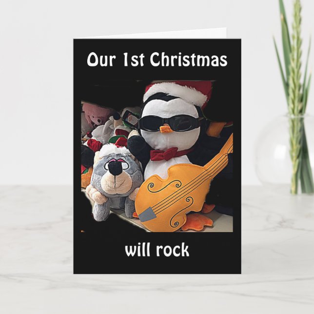 CARTES POUR FÊTES ANNUELLES NOTRE "1ER NOËL" VA ROCK-ROCKIN' PENQUIN (Devant)