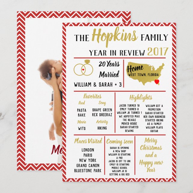 Cartes Pour Fêtes Annuelles notre année revue, événement familial Noël rouge (Devant / Derrière)