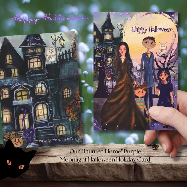 Cartes Pour Fêtes Annuelles Notre maison hantée" Halloween au clair de lune vi (Our Haunted Home Purple Moonlight Halloween Holiday Card)