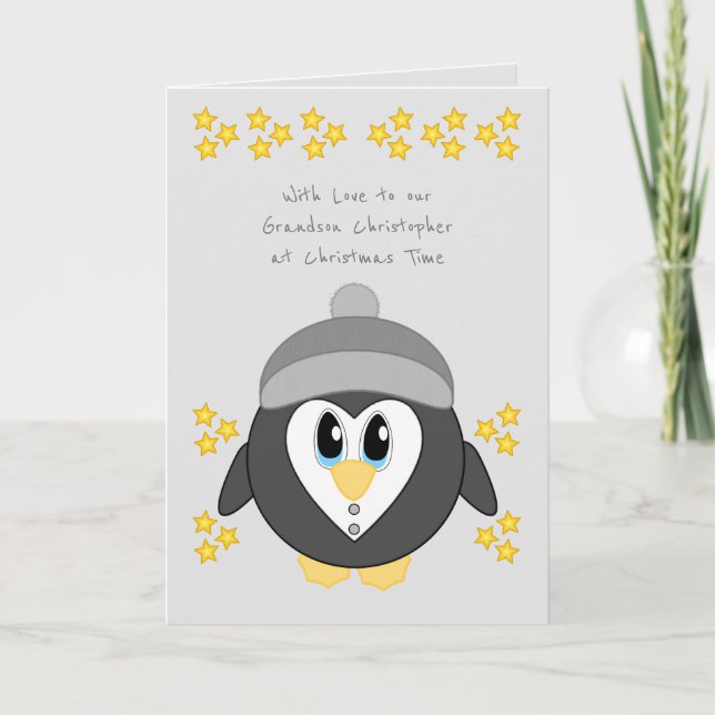 Cartes Pour Fêtes Annuelles Notre petit-fils à Noël gris pingouin mignon (Devant)