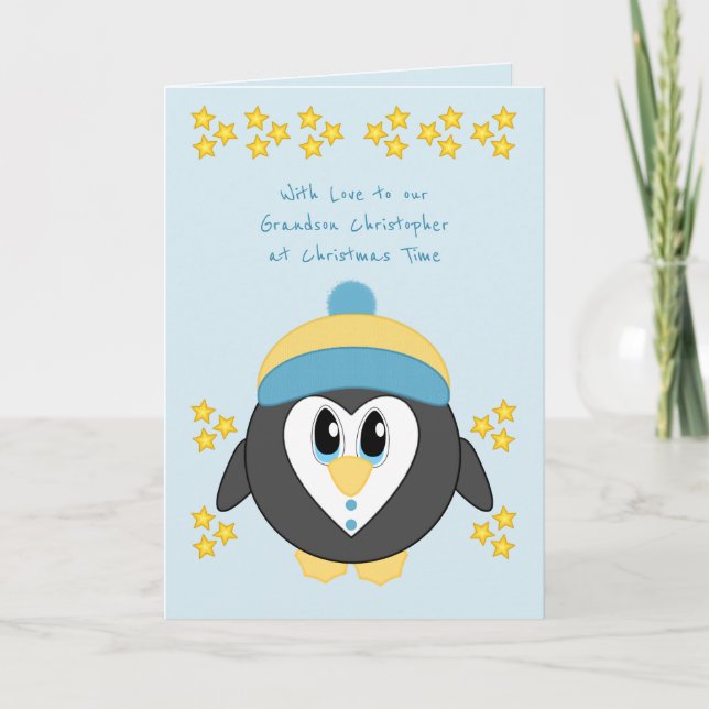 Cartes Pour Fêtes Annuelles Notre petit-fils à Noël, mignon bleu pingouin (Devant)