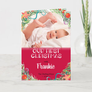 Cartes Pour Fêtes Annuelles Notre Premier Bébé Photo de Noël & Nom Rouge Blanc