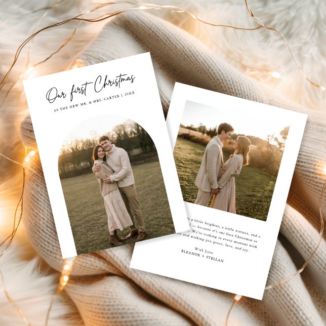 Cartes Pour Fêtes Annuelles Notre premier Noël Arc Moderne Photo Nouveaux mari (Créateur téléchargé)