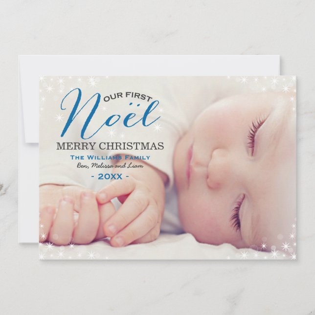Cartes Pour Fêtes Annuelles Notre Premier Noel Blue Photo Overlay Premier Bébé (Devant)