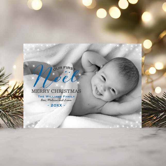 Cartes Pour Fêtes Annuelles Notre Premier Noel Blue Photo Overlay Premier Bébé (Créateur téléchargé)