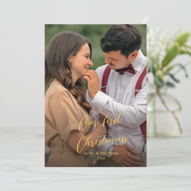 Cartes Pour Fêtes Annuelles Notre premier Noël Chic Script Nom photo (Debout devant)