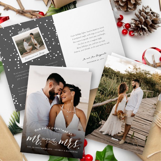Cartes Pour Fêtes Annuelles Notre Premier Noël Comme M. Et Mme Mariage Photo (Our First Christmas As Mr And Mrs Modern Typography Holiday Wedding Photo Folded Card by fat*fa*tin)