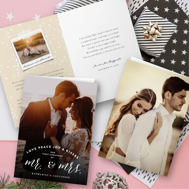 Cartes Pour Fêtes Annuelles Notre Premier Noël Comme M. Et Mme Mariage Photo (Love Peace Joy Kisses, Our First Christmas As Mr And Mrs Photo Wedding Holiday Card by fat*fa*tin)