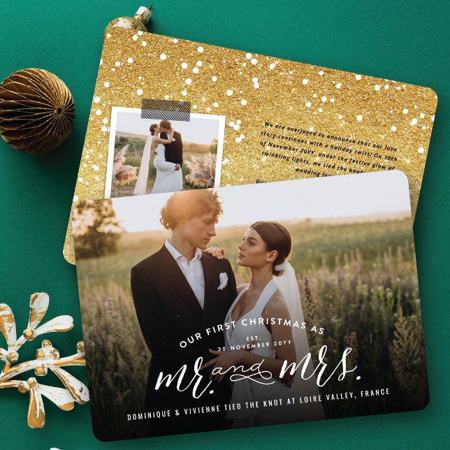 Cartes Pour Fêtes Annuelles Notre Premier Noël Comme M. Et Mme Mariage Photo (Our First Christmas As Mr And Mrs Modern Typography - Holiday Wedding Photo Card by fat*fa*tin)